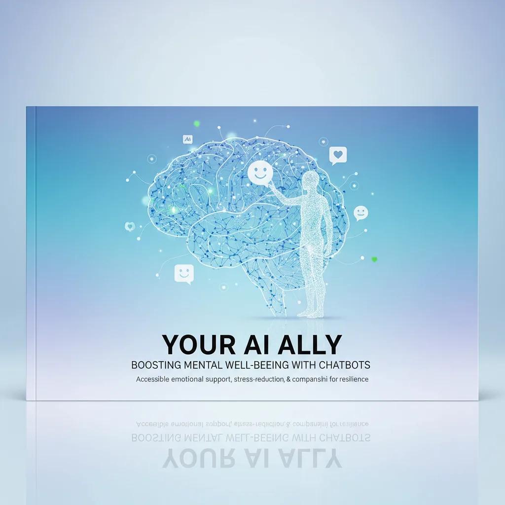 A friendly robot figure with glowing eyes, sitting thoughtfully on a brain-shaped cloud, symbolizing AI support for mental well-being.