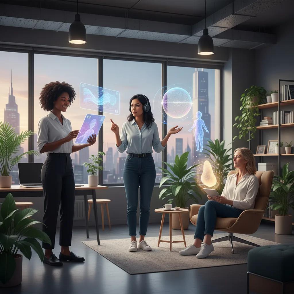 A diverse woman interacting with a futuristic, friendly AI interface, symbolizing connection, support, and empowerment in a warm, digital setting.
