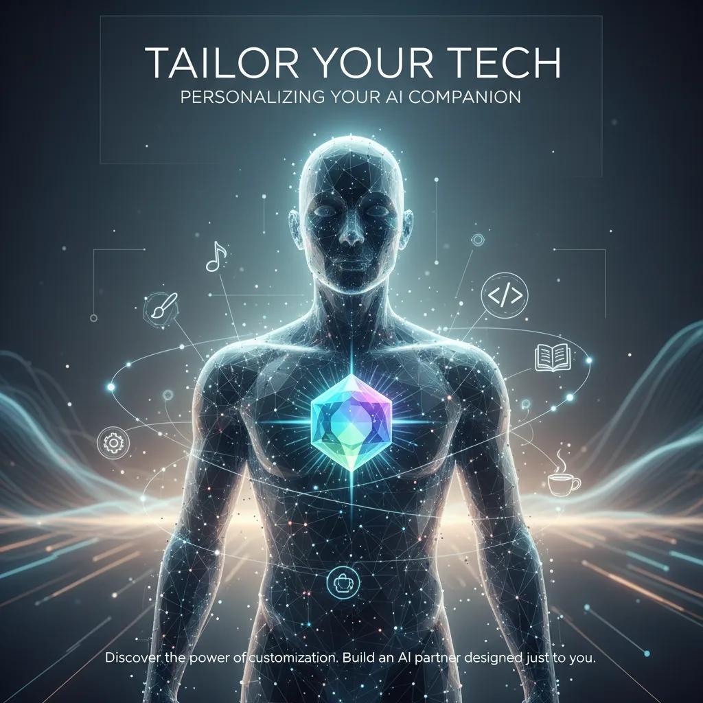 An abstract, colorful illustration depicting a human hand interacting with a holographic AI interface, symbolizing personalization and tailoring of technology.