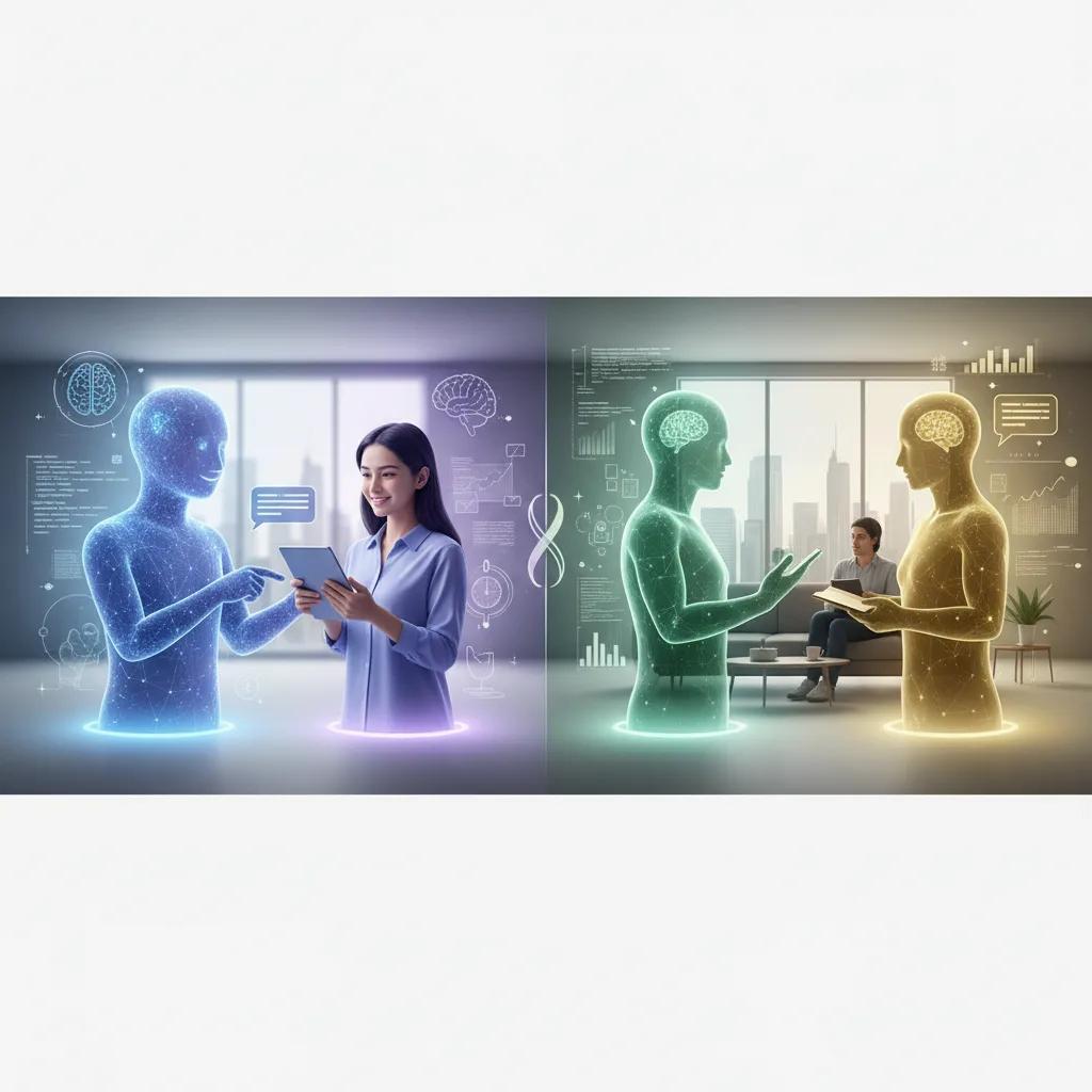 A person interacting with an AI chatbot on a smartphone, with a backdrop representing both human interaction and therapeutic settings, highlighting the distinction between AI, friends, and therapists.