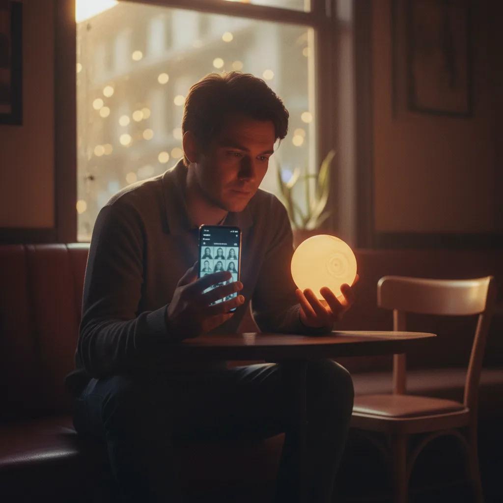 Eine Frau blickt nachdenklich auf ihr Smartphone, daneben ein abstraktes KI-Interface.