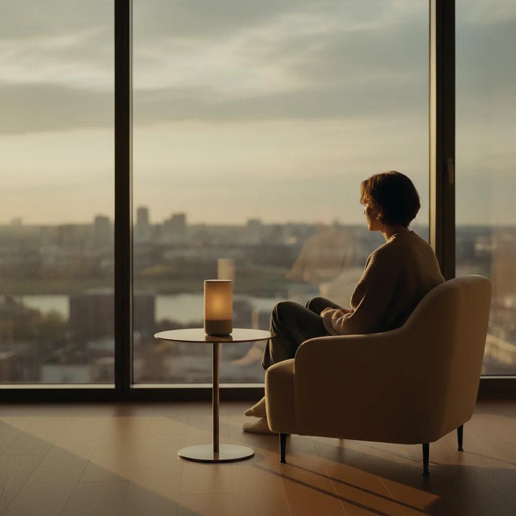 Eine Person sitzt alleine, nachdenklich, in sanftem Licht vor einem Bildschirm, der eine unterstützende KI-Konversation anzeigt. Symbolisiert Trost in der Einsamkeit.