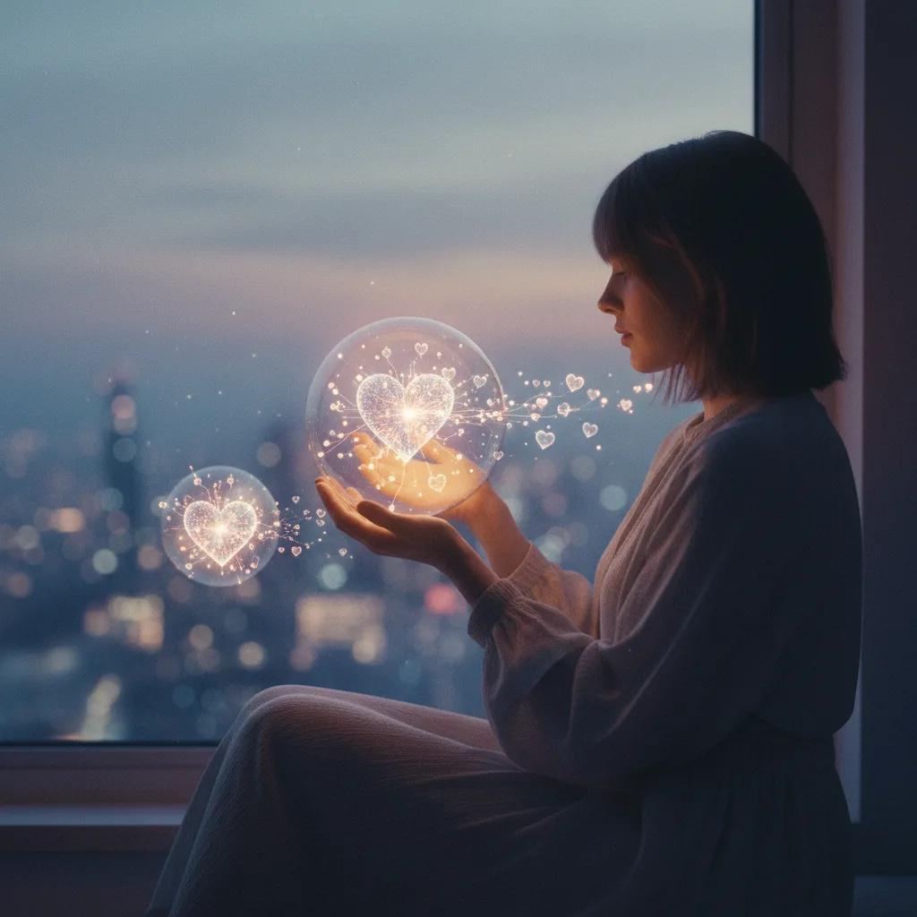 Una pareja observando un atardecer, con una figura abstracta de IA acompañándolos, simbolizando el futuro del amor.