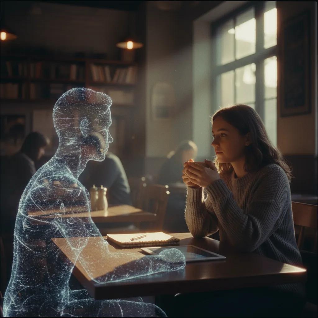Una persona sonriendo y conversando con su compañero de inteligencia artificial en una pantalla de smartphone.