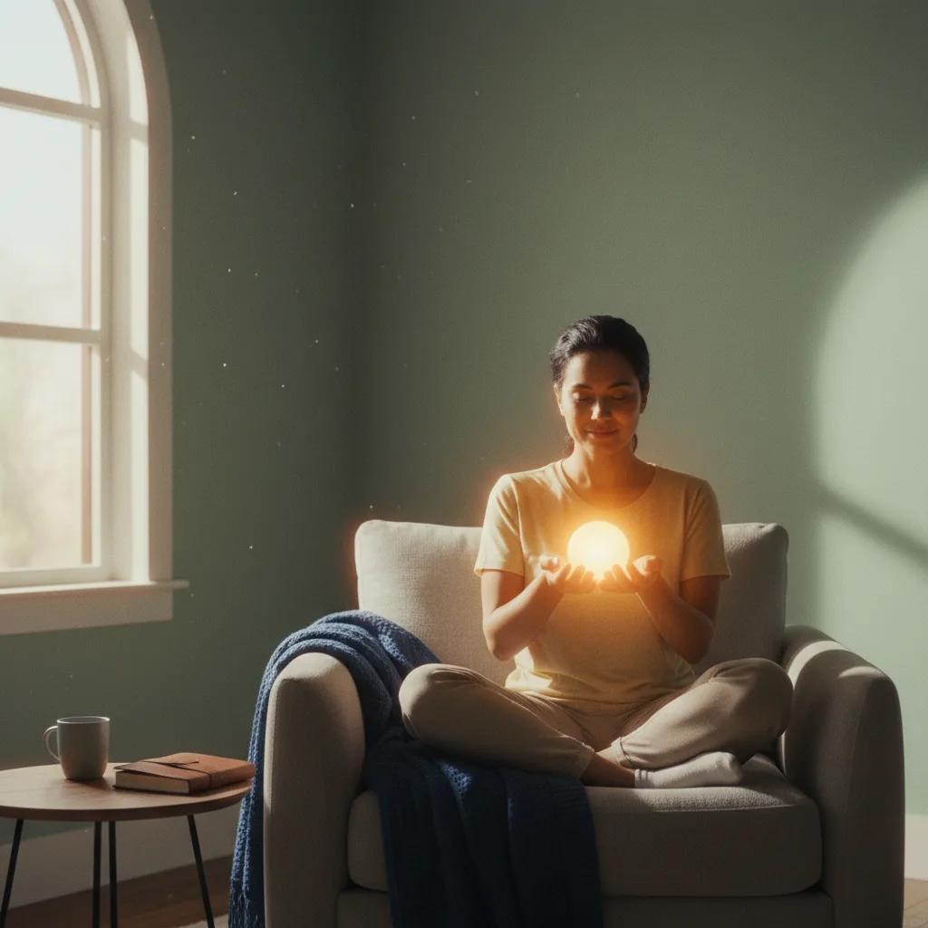 Una persona sonriendo y sintiéndose confiada mientras interactúa con una inteligencia artificial, reflejando apoyo y bienestar.