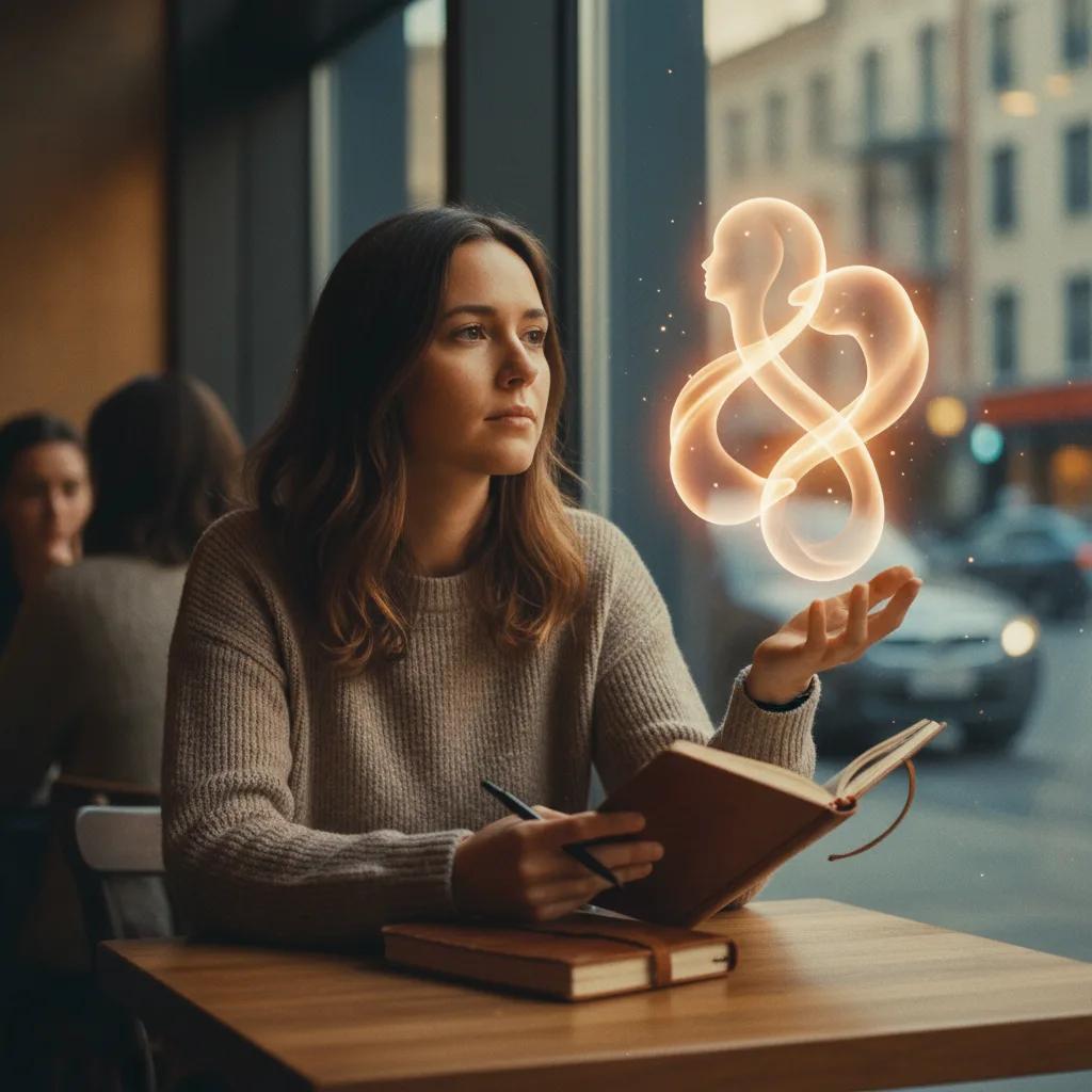 Una persona sorride mentre guarda il suo smartphone, con icone di AI e cuori sullo sfondo che rappresentano l'integrazione tra tecnologia e relazioni.