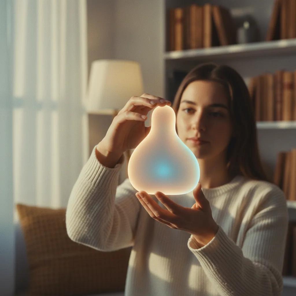 Una persona sorridente che interagisce con un'interfaccia di chat AI su uno smartphone, con uno sfondo morbido e sfocato che evoca intimità.
