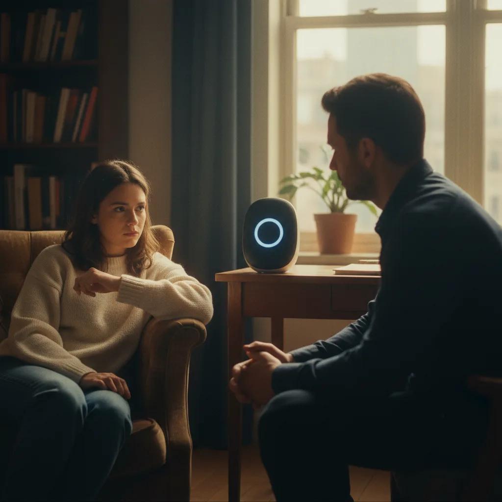Una persona che guarda il telefono con espressione pensierosa, un'ombra di un'altra persona accanto che suggerisce un partner