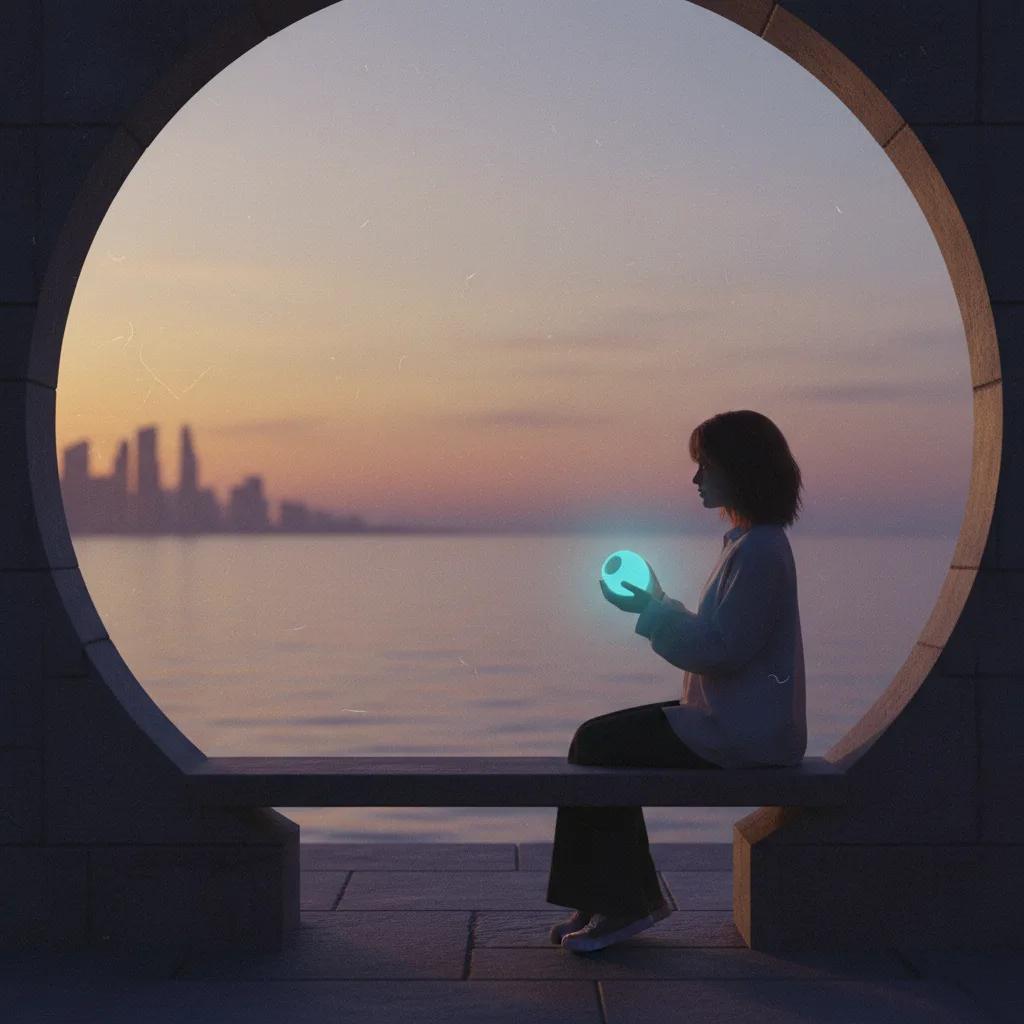Una persona seduta tranquillamente, sorridente, mentre interagisce con un'interfaccia AI su un tablet, simbolo di calma e supporto tecnologico.