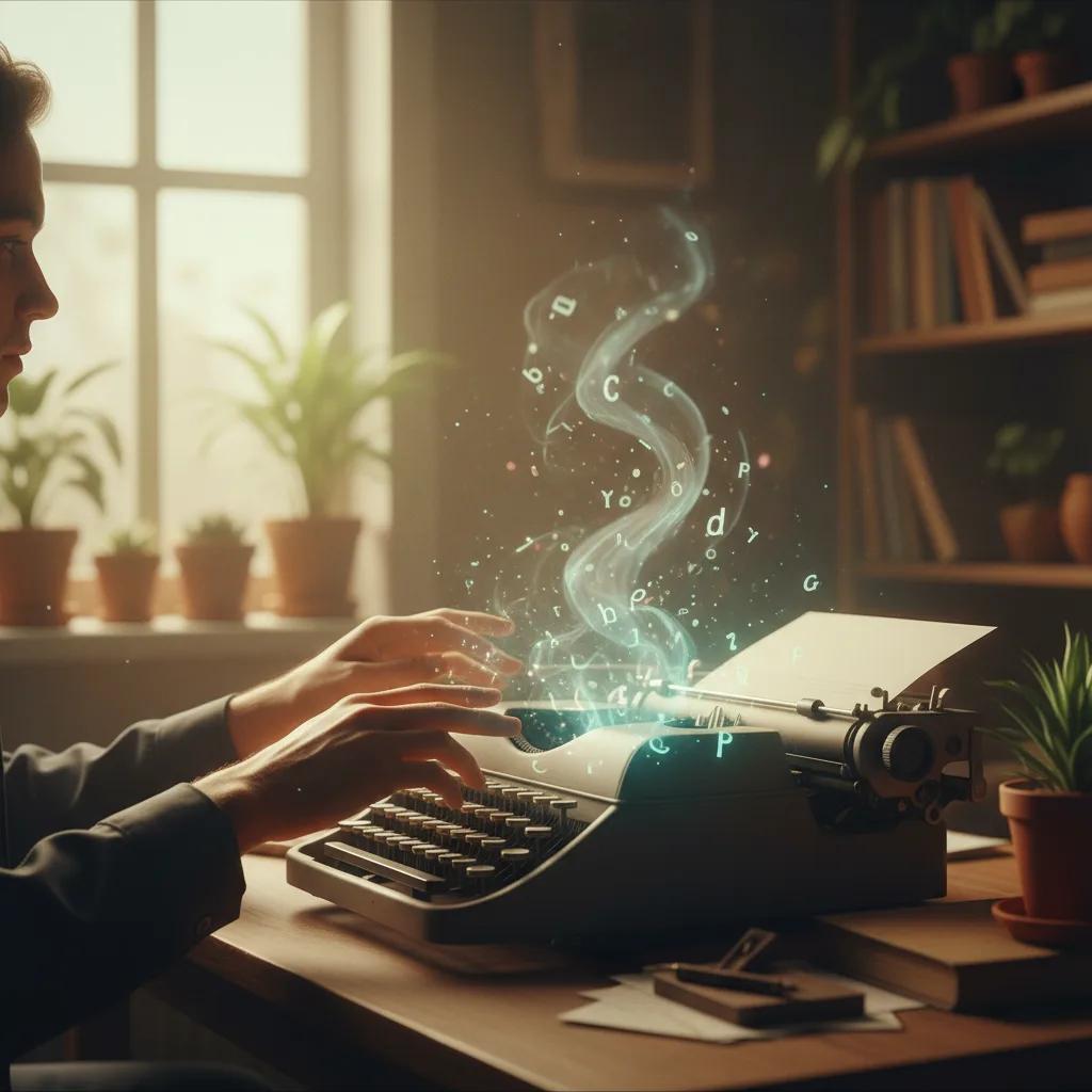 Una persona sorridente siede a una scrivania illuminata, digitando su un laptop con un'interfaccia di chat AI aperta sullo schermo, circondata da libri.