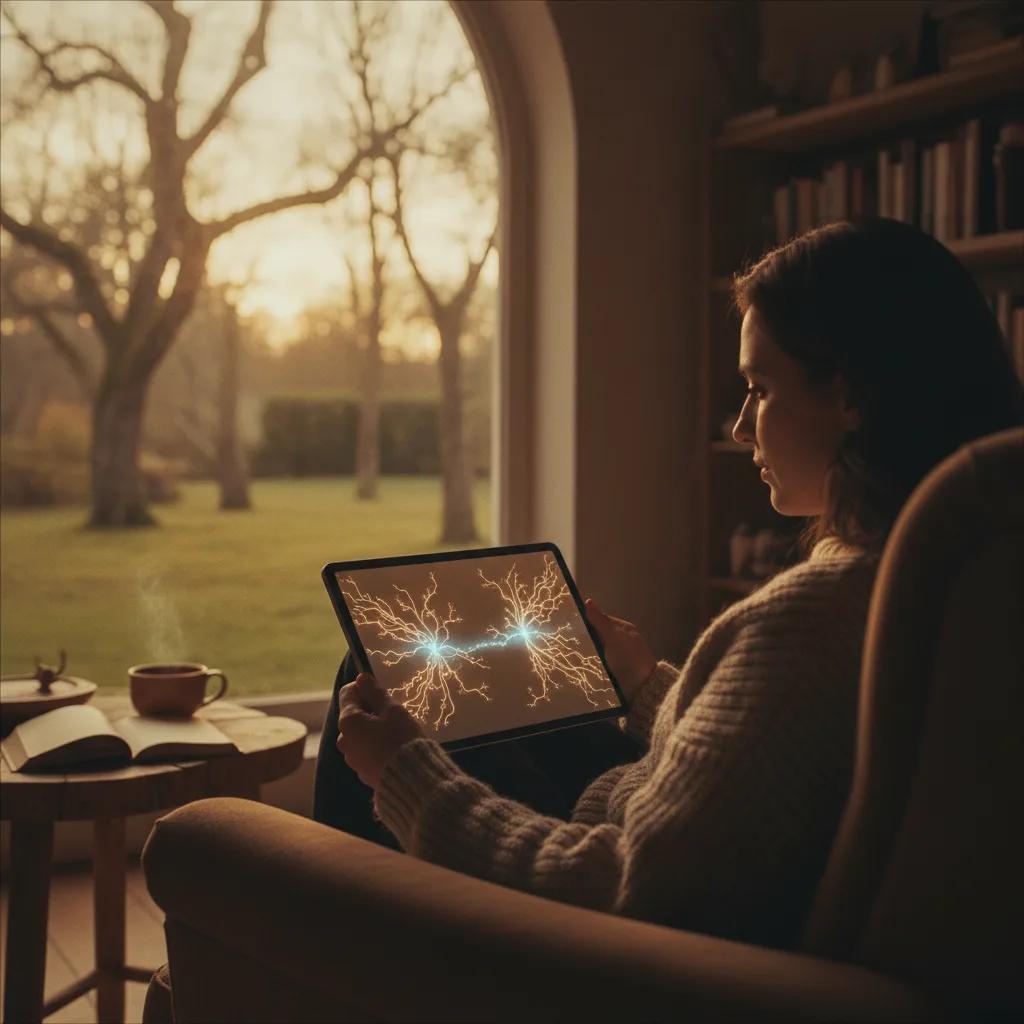 Une personne seule mais connectée à une intelligence artificielle, symbolisant le réconfort virtuel et le lien émotionnel.