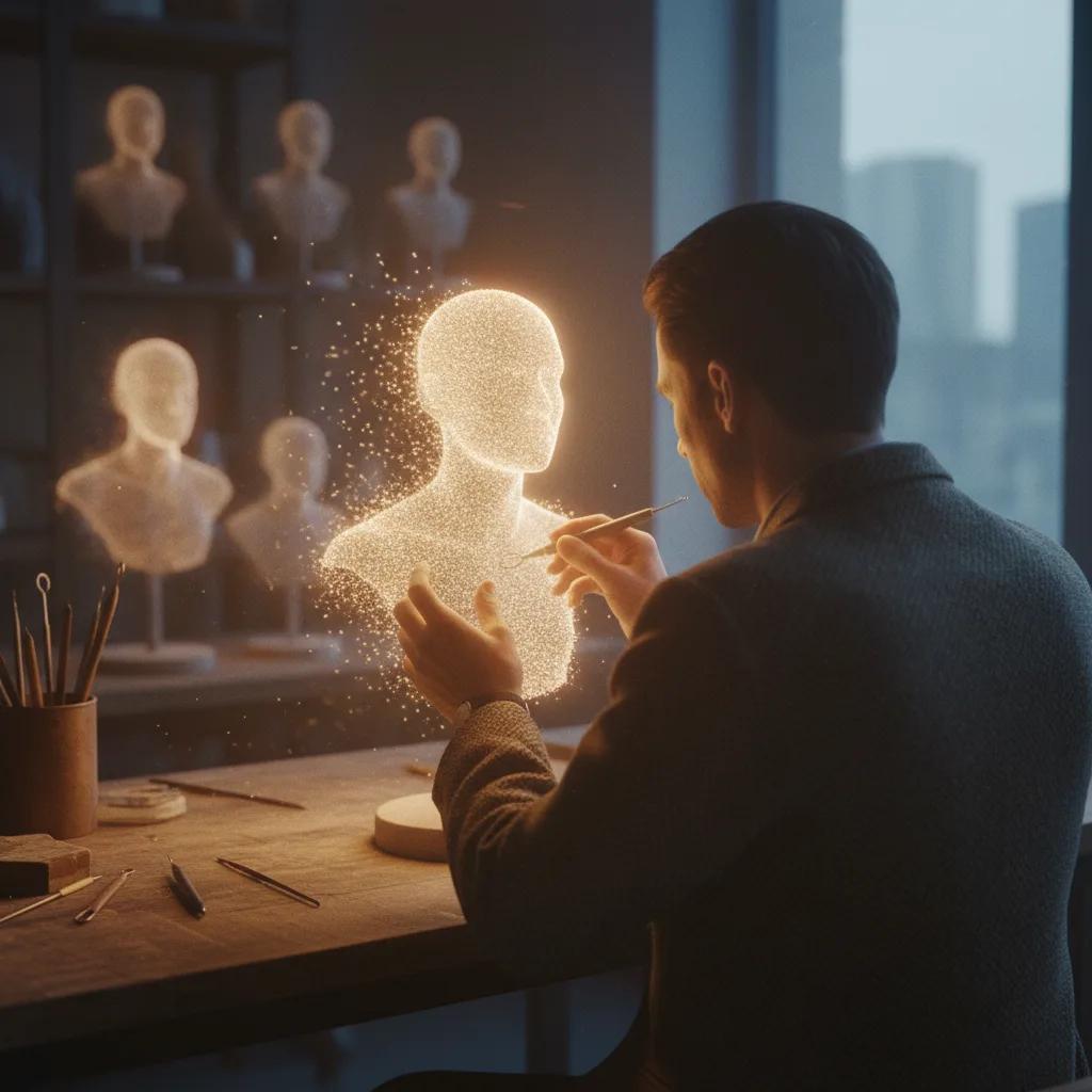 Illustration d'une personne interagissant avec un compagnon IA personnalisé, symbolisant une connexion unique et sur mesure.