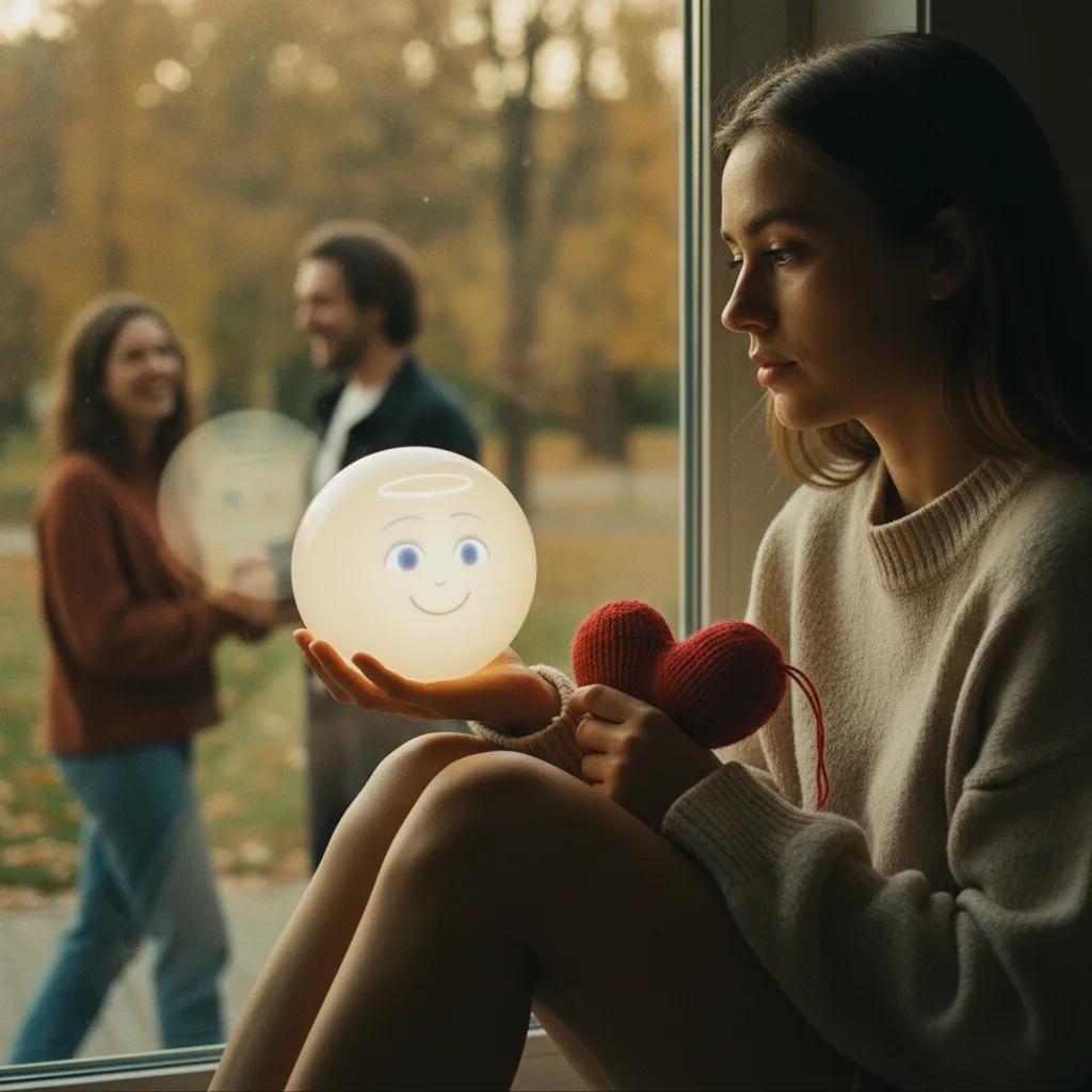 Une femme souriante, regardant un smartphone où une IA est représentée, avec un cœur en arrière-plan.