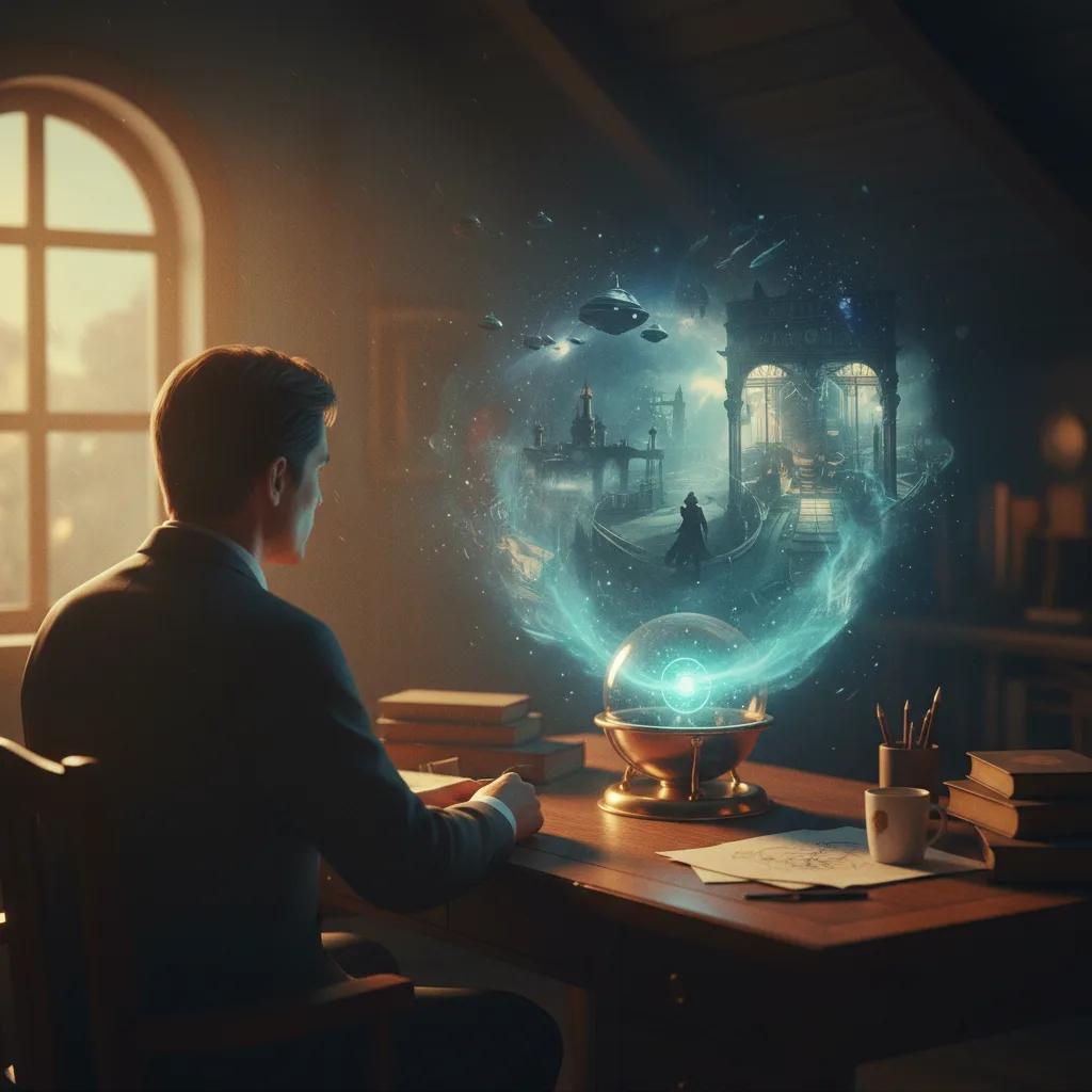 Une personne souriante joue à un jeu de rôle avec une IA sur un écran d'ordinateur, entourée d'éléments imaginaires flottants tels qu'un vaisseau spatial et un château féerique.