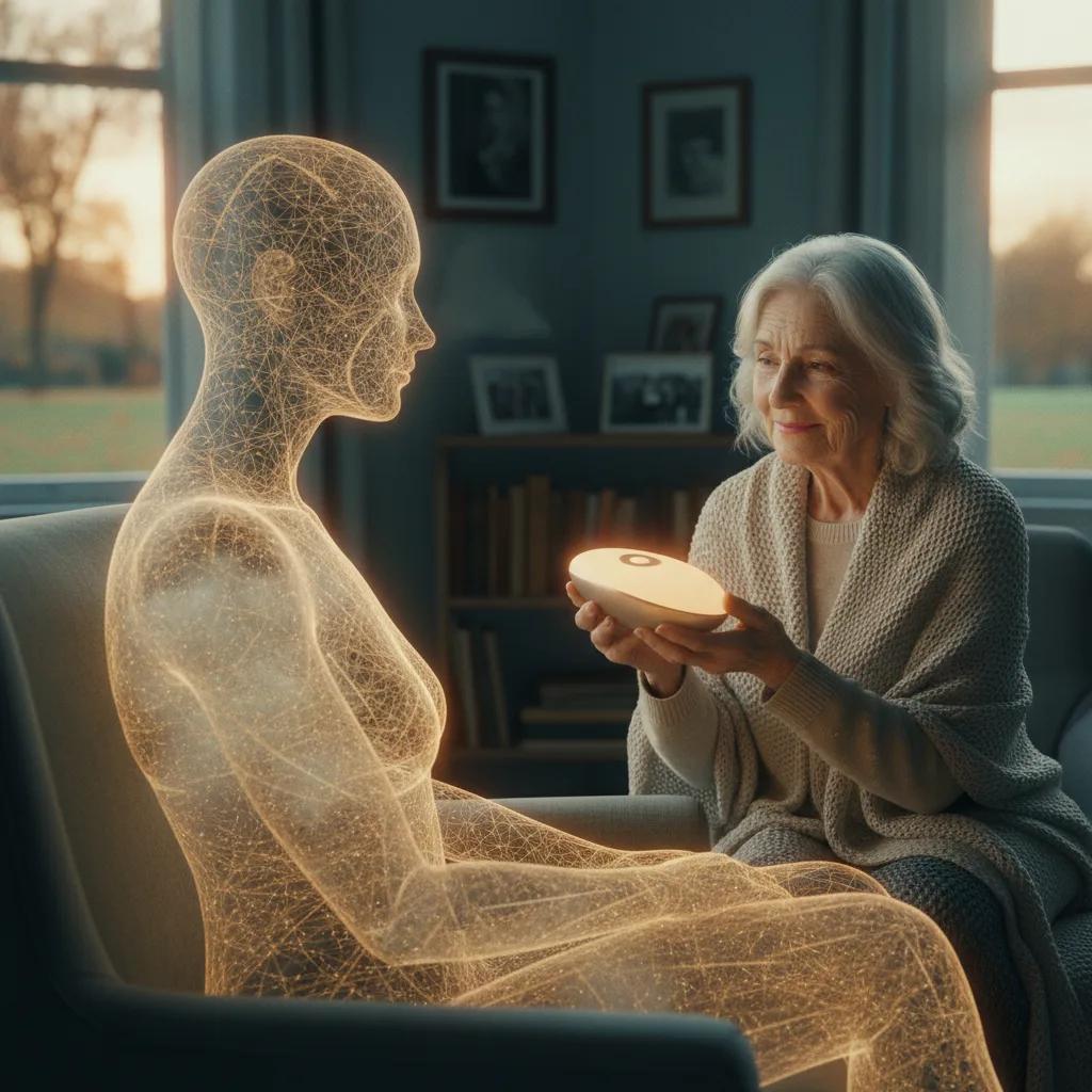 Une femme souriante, d'environ 60 ans, interagit avec une application sur une tablette, symbolisant la connexion avec un compagnon IA.