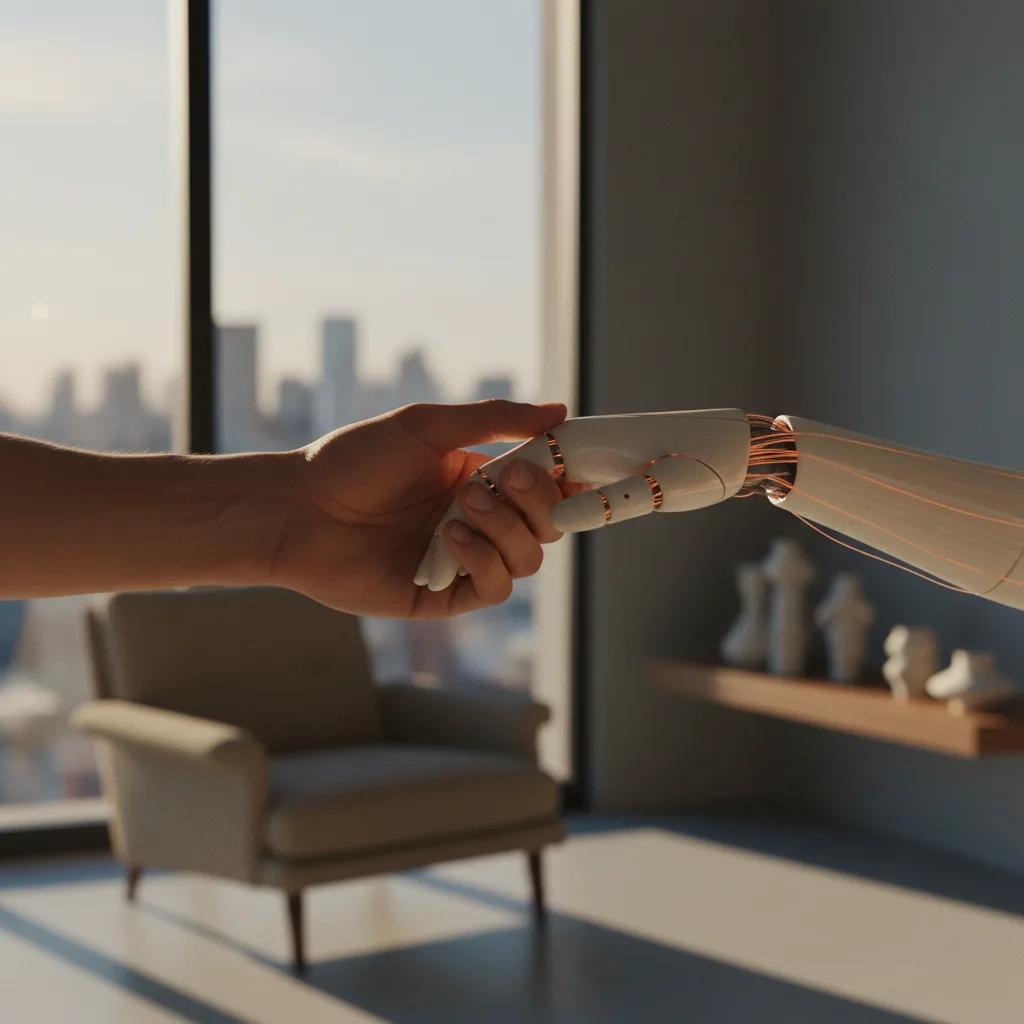 Une main humaine tenant une main robotique, symbolisant la connexion émotionnelle entre l'homme et l'intelligence artificielle.