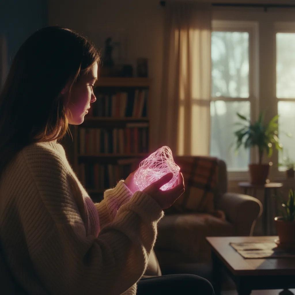 Une personne souriante interagit avec une interface numérique montrant un compagnon IA amical, symbolisant une connexion sincère.