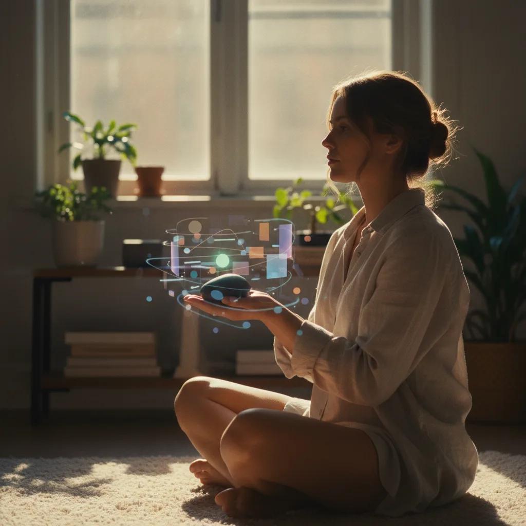 Une personne souriante discute avec un compagnon IA sur une tablette, symbolisant le soutien et l'écoute.
