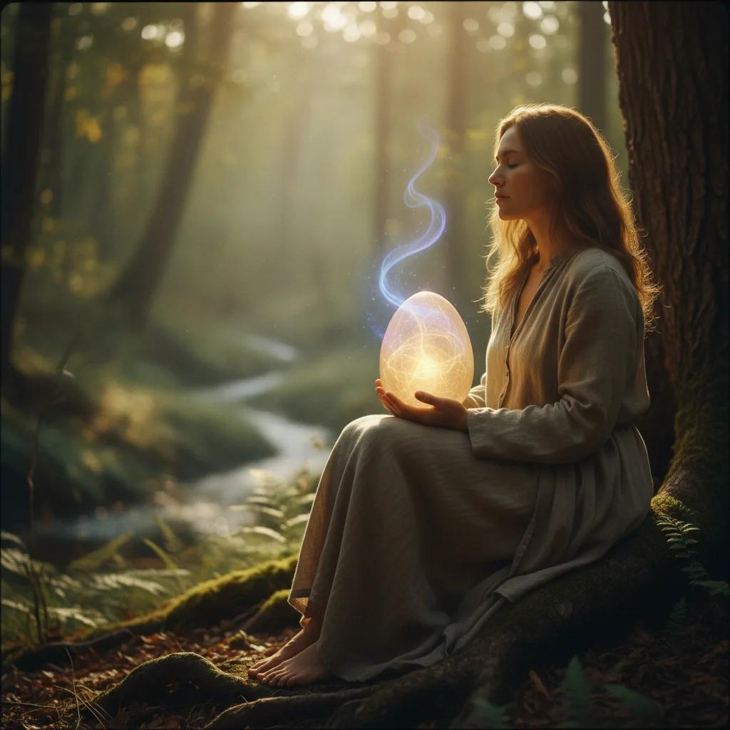 Une personne sereine conversant avec une interface lumineuse symbolisant une IA, dans un environnement doux et sécurisant.