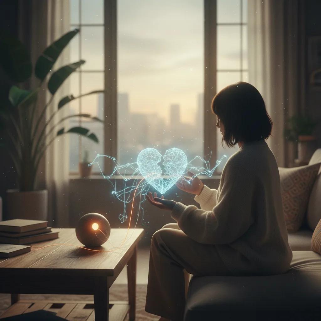 Une personne triste console son cœur brisé avec l'aide d'une figure lumineuse symbolisant l'IA.