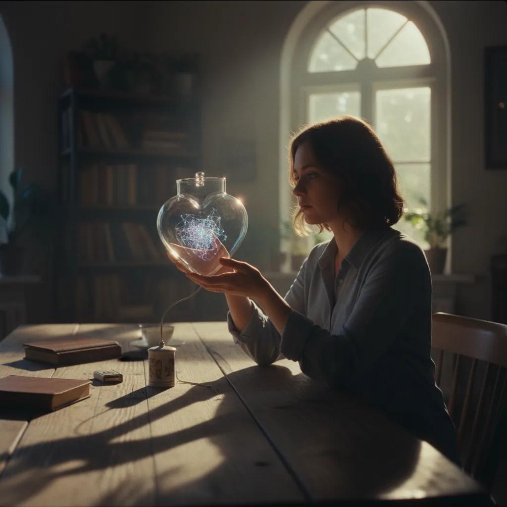 Une personne souriante interagit avec une interface d'IA sur une tablette, symbolisant une relation équilibrée avec la technologie.