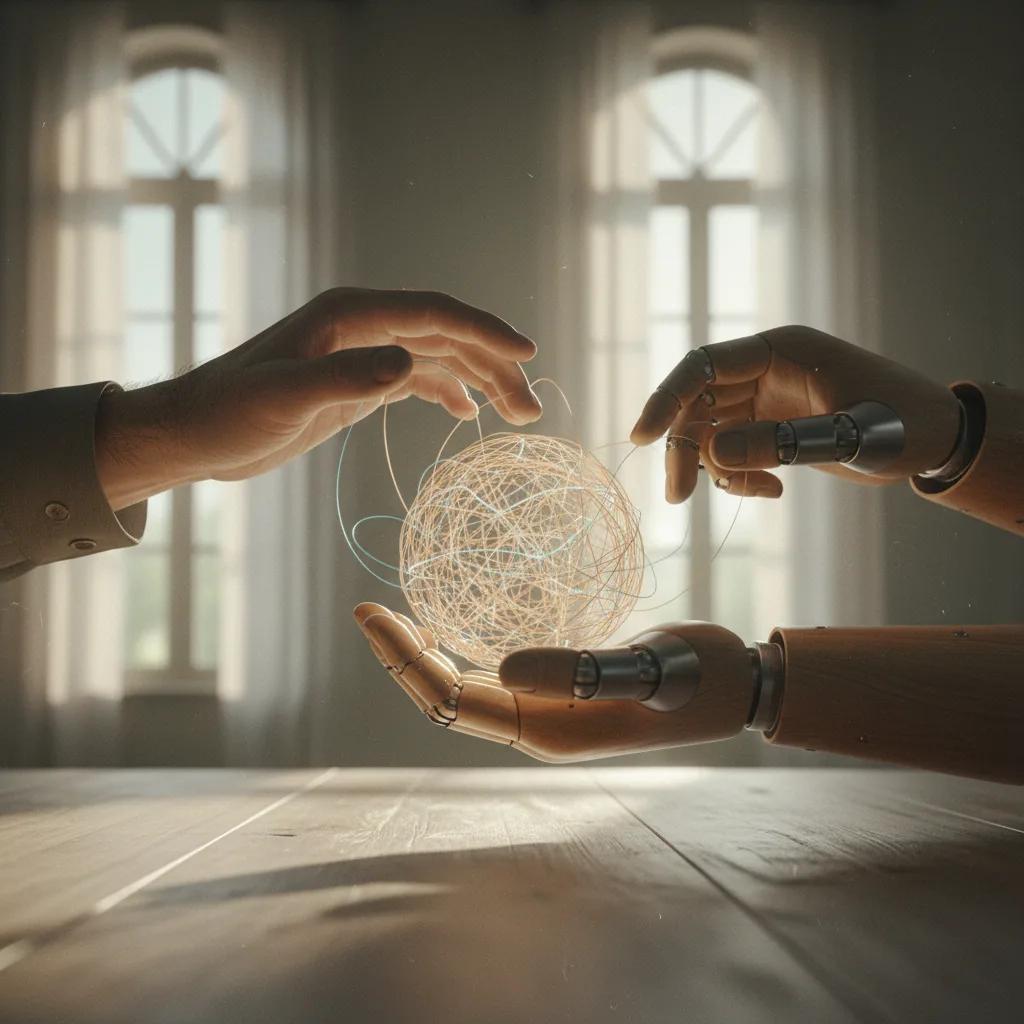 Une personne souriante et concentrée, discutant avec un avatar lumineux sur un écran de smartphone, symbolisant une interaction fluide et compréhensive avec une IA.