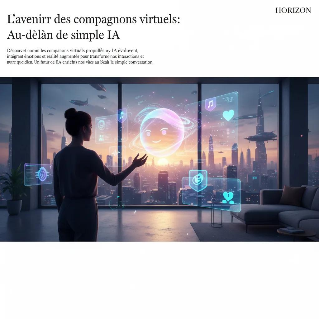 Image futuriste montrant une personne interagissant avec un compagnon virtuel projeté en réalité augmentée dans un salon moderne, symbolisant l'avenir de l'IA et de l'amitié numérique.