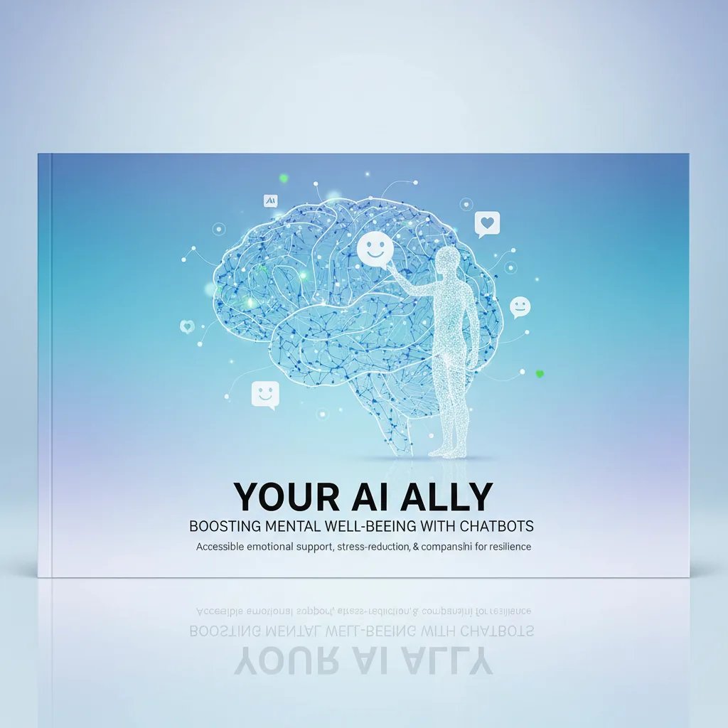 A friendly robot figure with glowing eyes, sitting thoughtfully on a brain-shaped cloud, symbolizing AI support for mental well-being.