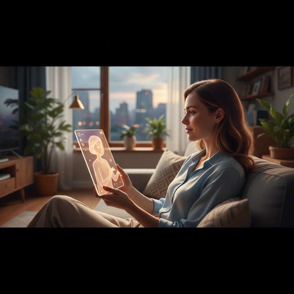 A woman smiling while interacting with a digital interface, symbolizing connection through AI companions, with a warm, inviting atmosphere.