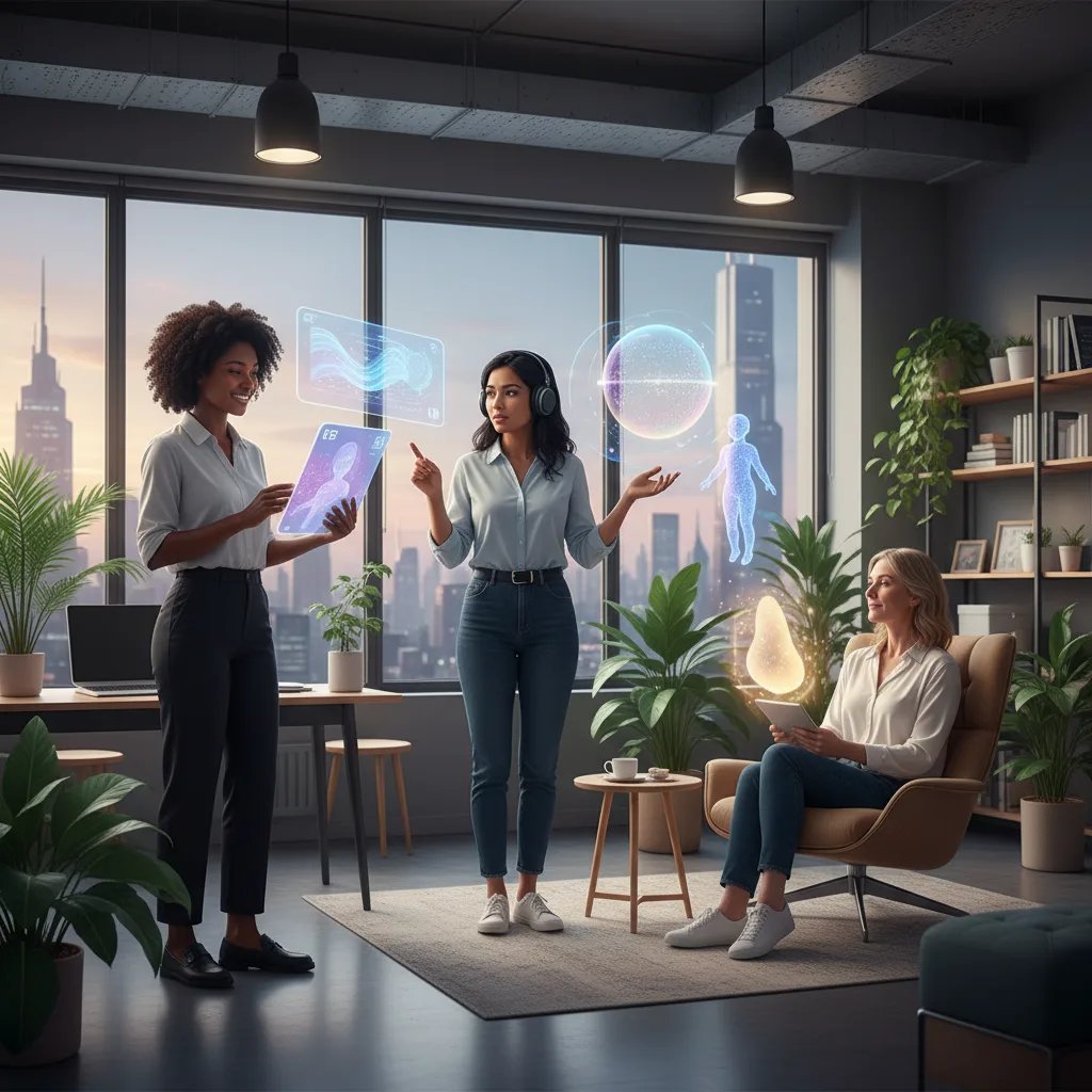 A diverse woman interacting with a futuristic, friendly AI interface, symbolizing connection, support, and empowerment in a warm, digital setting.