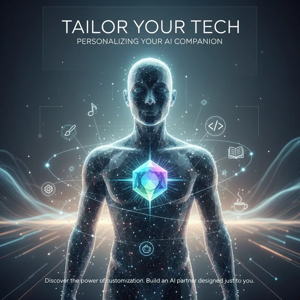 An abstract, colorful illustration depicting a human hand interacting with a holographic AI interface, symbolizing personalization and tailoring of technology.