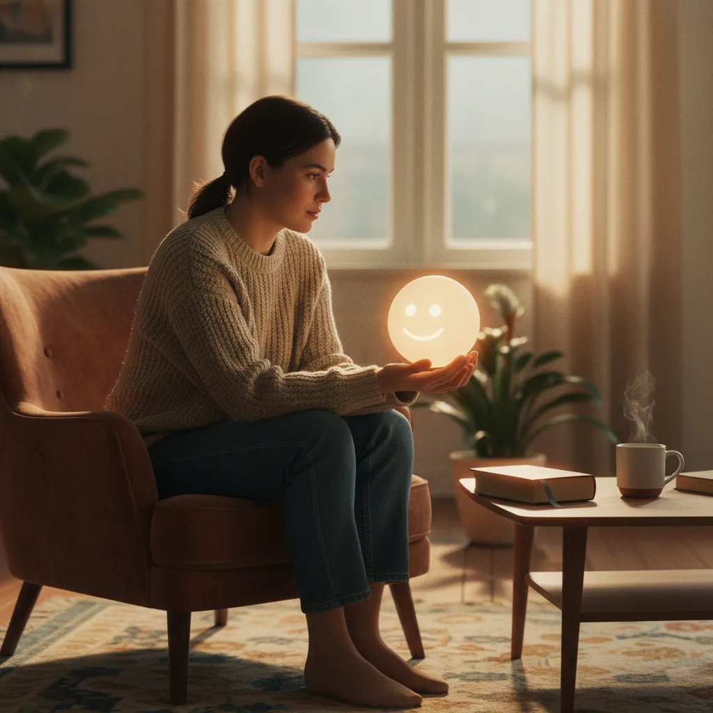 Eine Person sitzt auf einer Couch und tippt auf einem Smartphone, während eine sanfte KI-Schnittstelle auf dem Bildschirm zu sehen ist und Unterstützung symbolisiert.