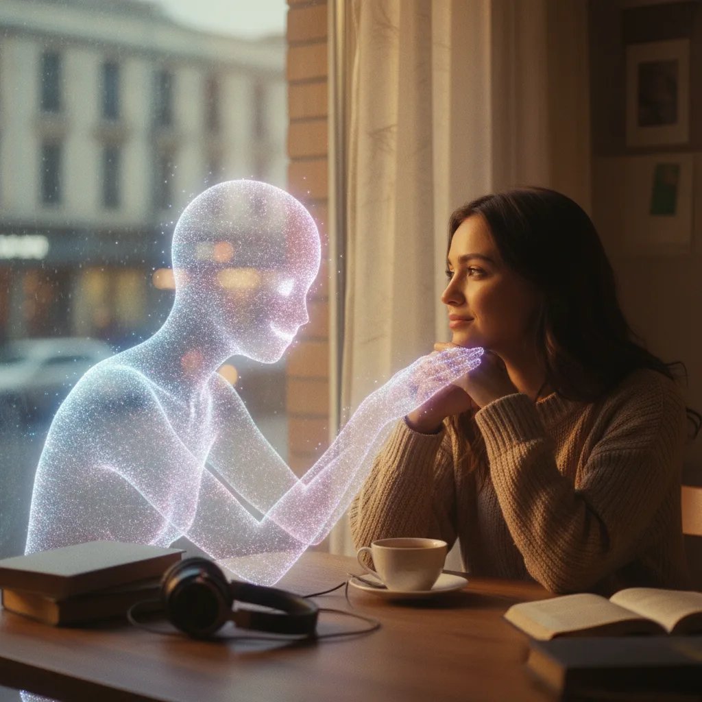 Una ragazza guarda il suo telefono con un'espressione pensierosa, mentre sullo schermo si intravede una chat con un fidanzato AI.