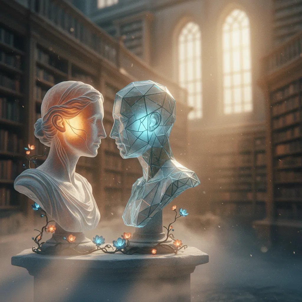 Una coppia interagisce con un'intelligenza artificiale sullo sfondo, in un ambiente futuristico e accogliente.