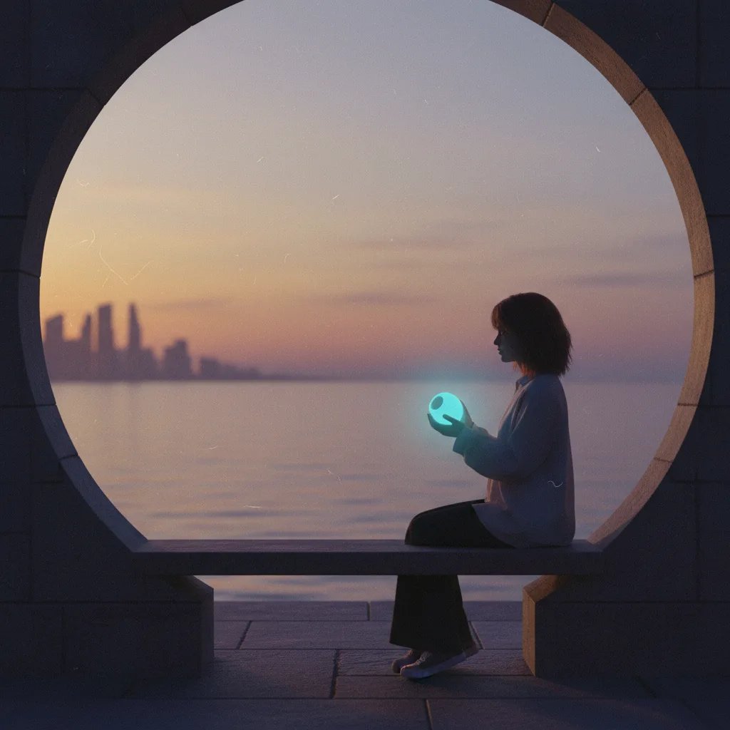 Una persona seduta tranquillamente, sorridente, mentre interagisce con un'interfaccia AI su un tablet, simbolo di calma e supporto tecnologico.
