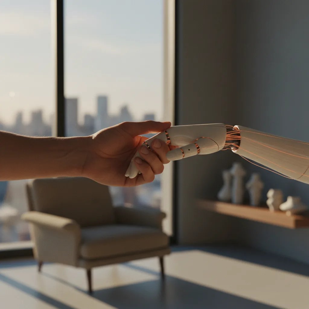 Une main humaine tenant une main robotique, symbolisant la connexion émotionnelle entre l'homme et l'intelligence artificielle.