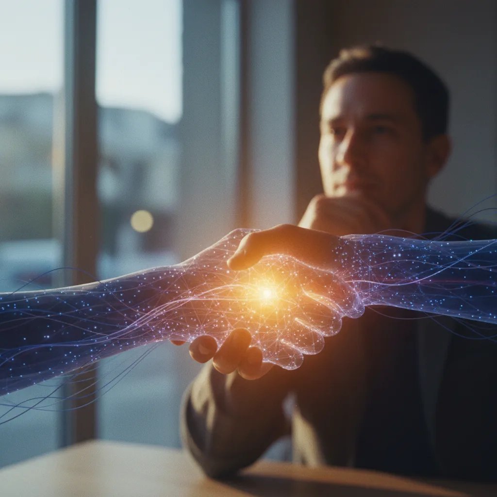 Une personne souriante interagit avec une interface de chat, suggérant une communication fluide avec son IA.