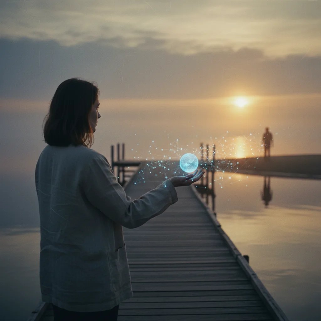 Une personne réfléchit, tenant un smartphone, avec une interface d'IA et un couple en arrière-plan.
