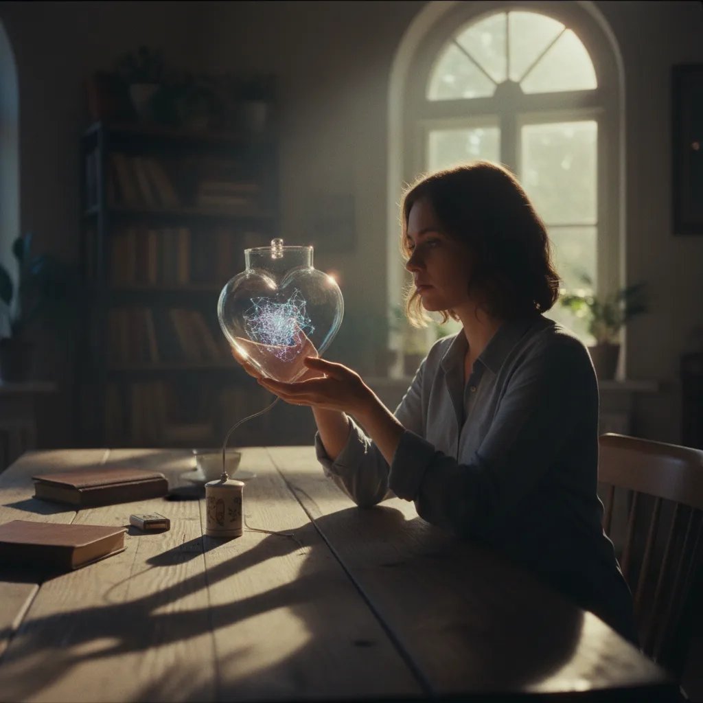 Une personne souriante interagit avec une interface d'IA sur une tablette, symbolisant une relation équilibrée avec la technologie.